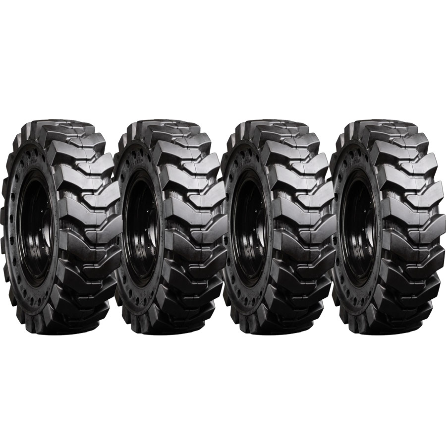 set of 4 33x9-16 (12-16.5) traxter heavy duty solid rubber skid steer tires - 8x8 bolt rim