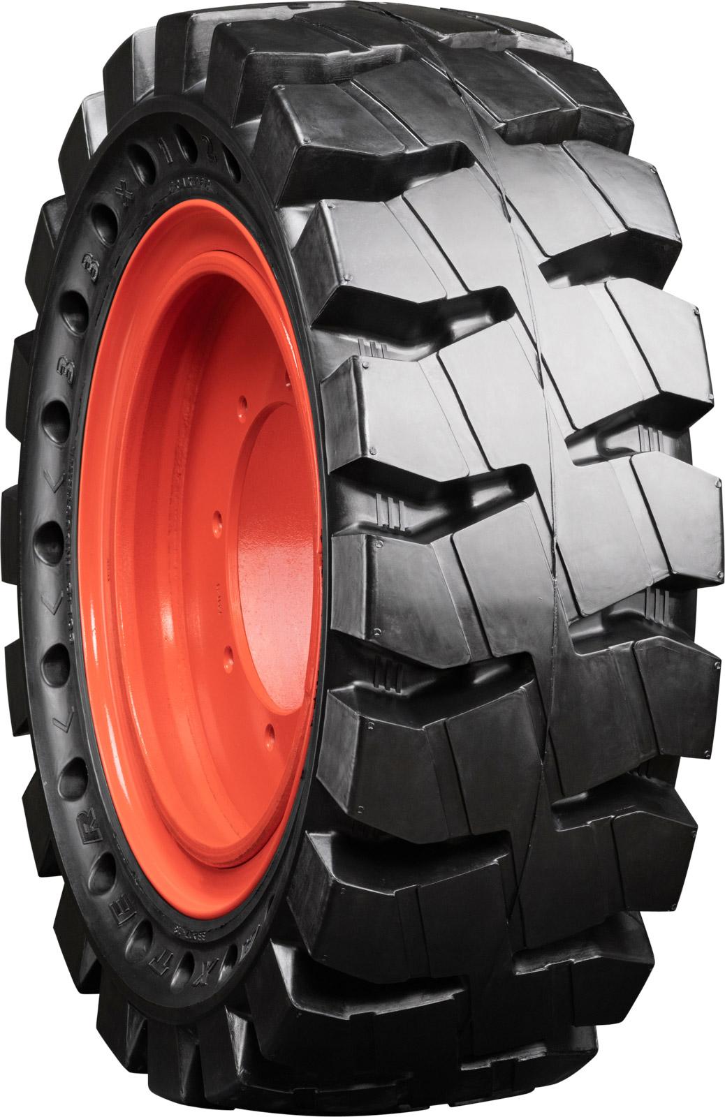 set of 4 traxter 33x12-18 (12-16.5) extreme duty non-directional solid rubber skid steer tires - 8x10.75 bolt rim