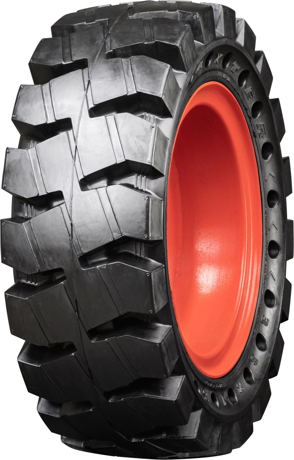 set of 4 traxter 33x12-18 (12-16.5) extreme duty non-directional solid rubber skid steer tires - 8x10.75 bolt rim