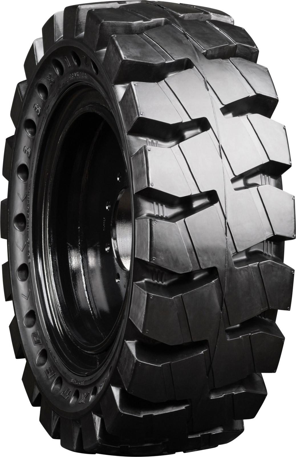 set of 4 traxter 33x12-18 (12-16.5) extreme duty non-directional solid rubber skid steer tire - 8x8 bolt rim