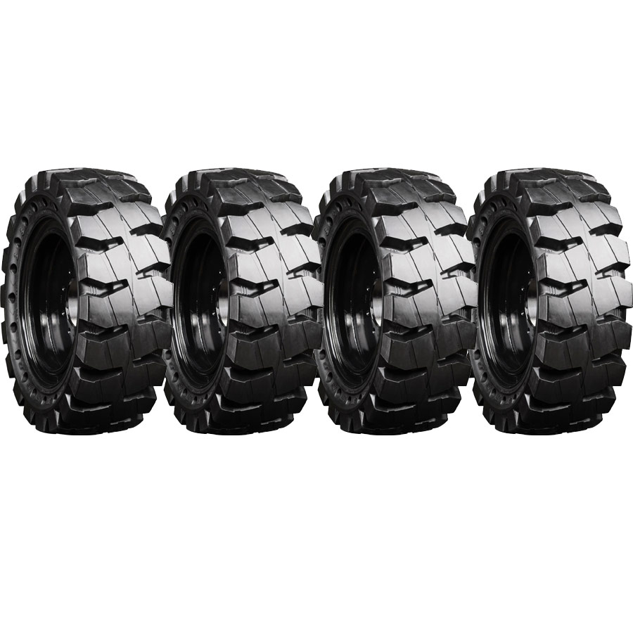 set of 4 traxter 33x12-18 (12-16.5) extreme duty non-directional solid rubber skid steer tire - 8x8 bolt rim