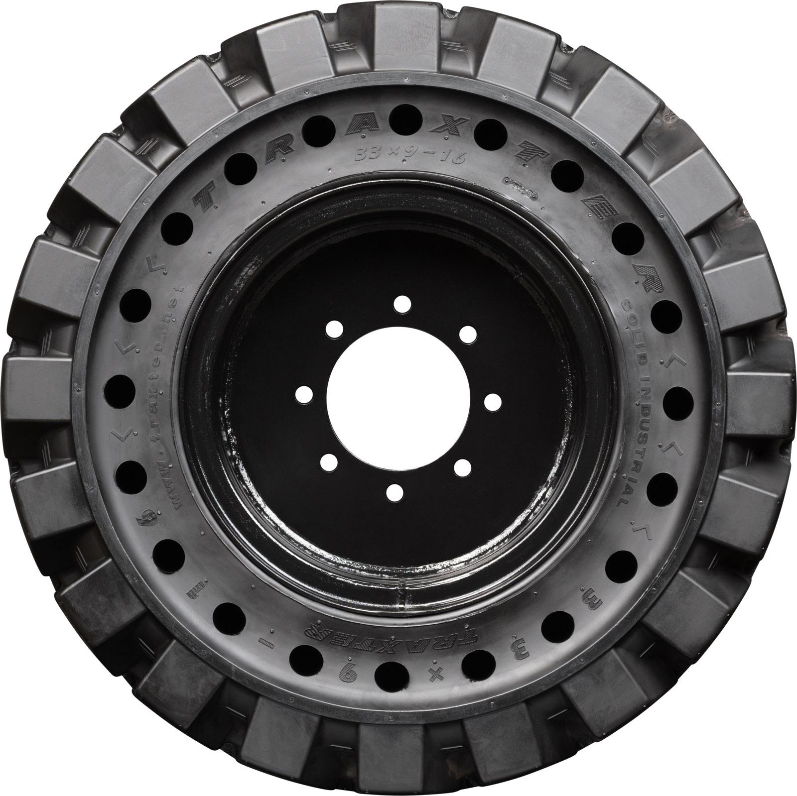 set of 4 33x9-16 (12-16.5) traxter heavy duty solid rubber skid steer tires - 8x8 bolt rim
