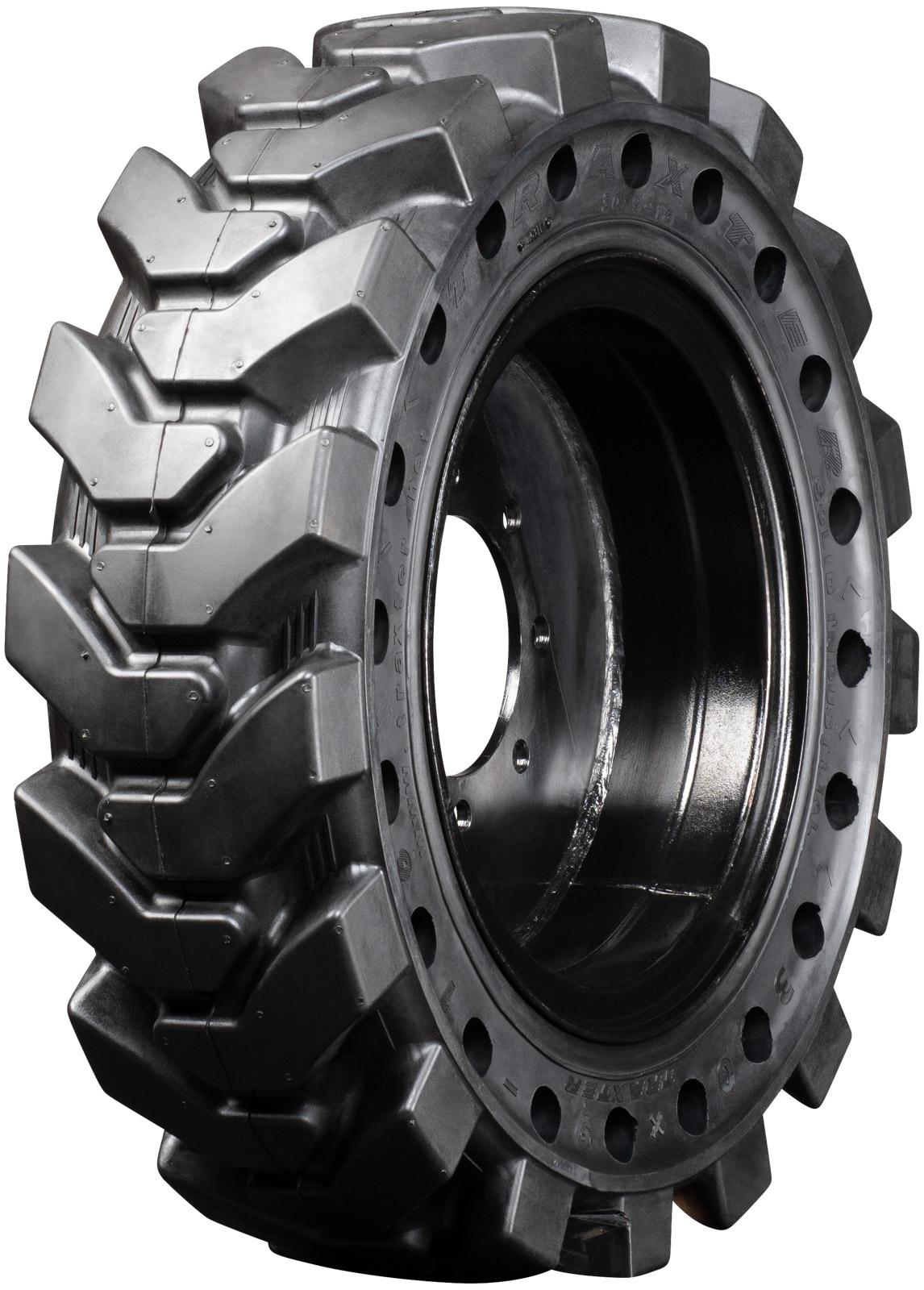 set of 4 30x9-16 (10-16.5) traxter heavy duty solid rubber skid steer tires - 8x8 bolt rim